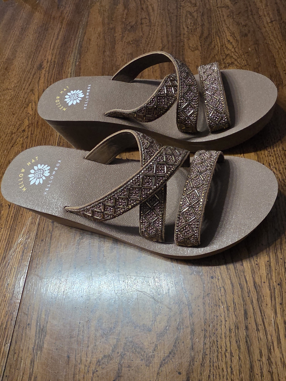 Yellow Box Brown Beaded Triple-Strap Wedge Sandals